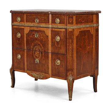 A Gustavian rosewood parquetry and ormolu-mounted commode by J. Hulsten (master in Stockholm 1773-94).