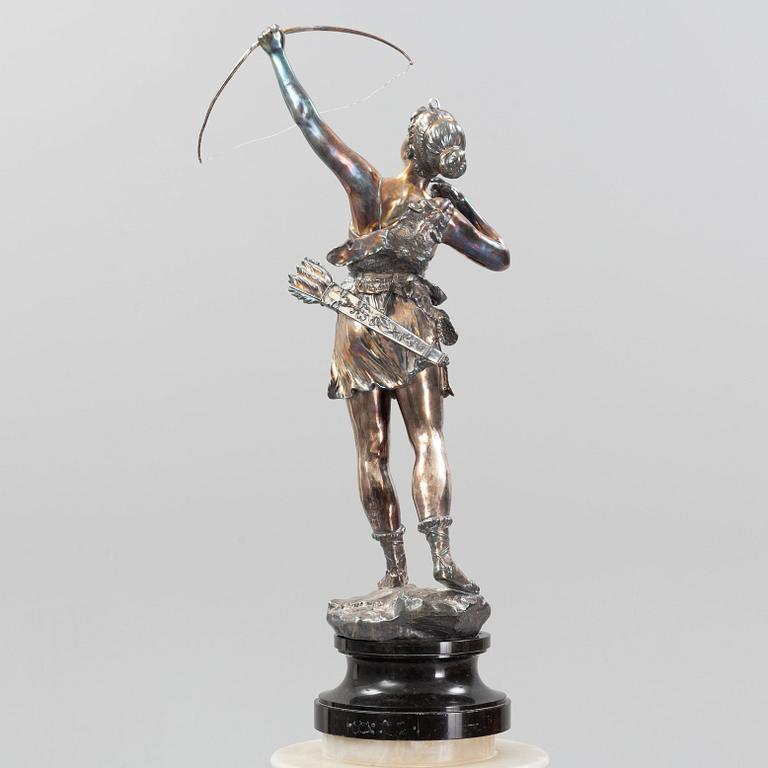 A silver plated sculpture of Diana, early 20th Century.