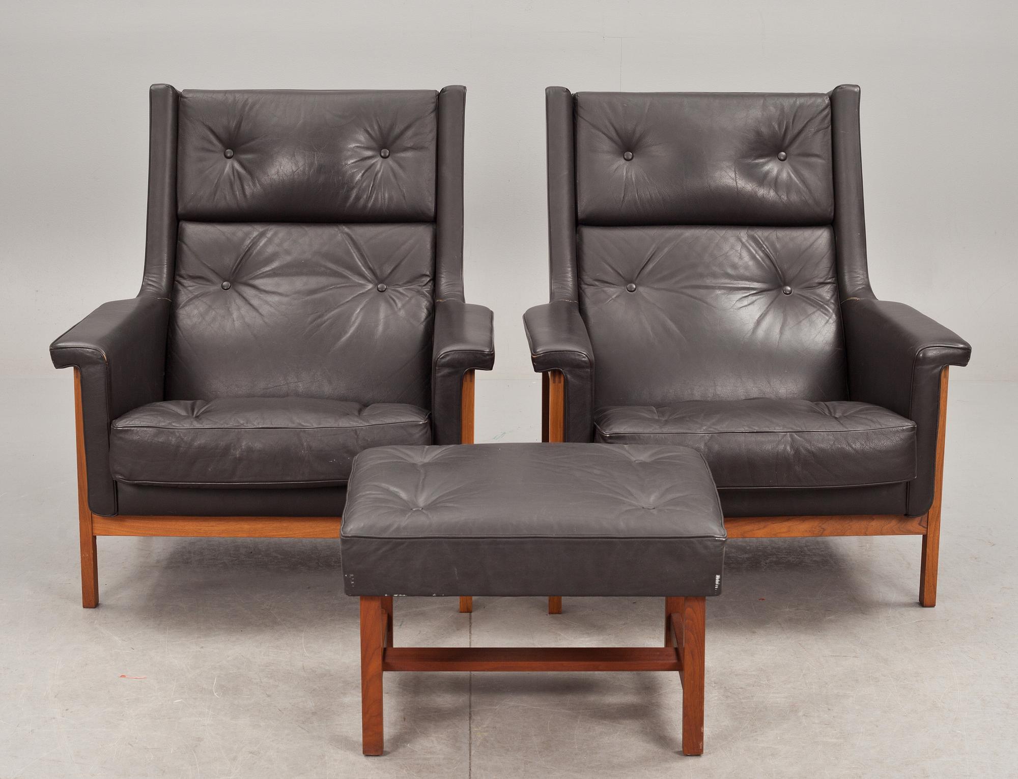 FÅTÖLJER, ett par samt FOTPALL, Karl-Erik Ekselius. 1960/70-tal.