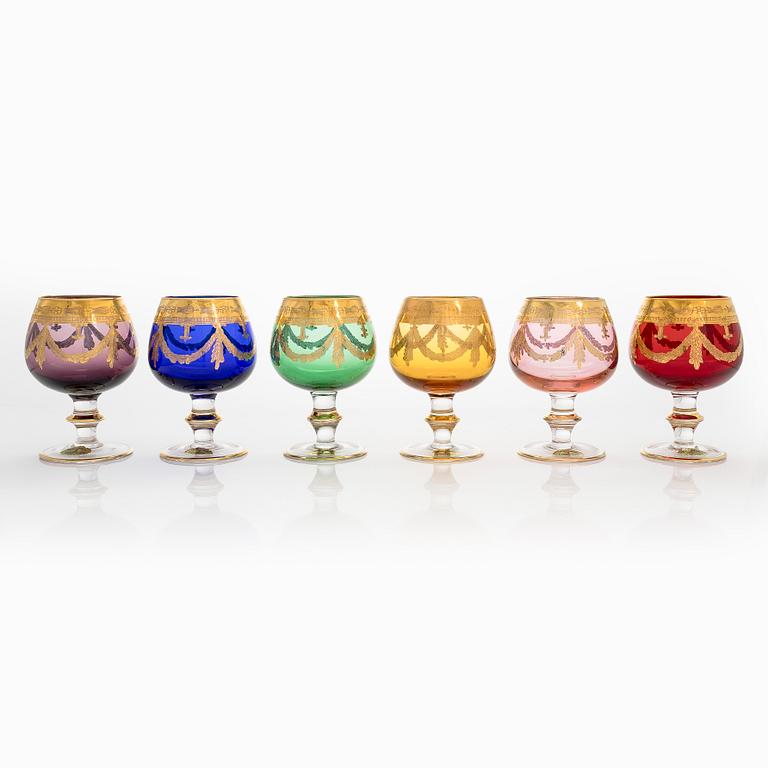 A set of six late 20th century Murano glasses, Italy.