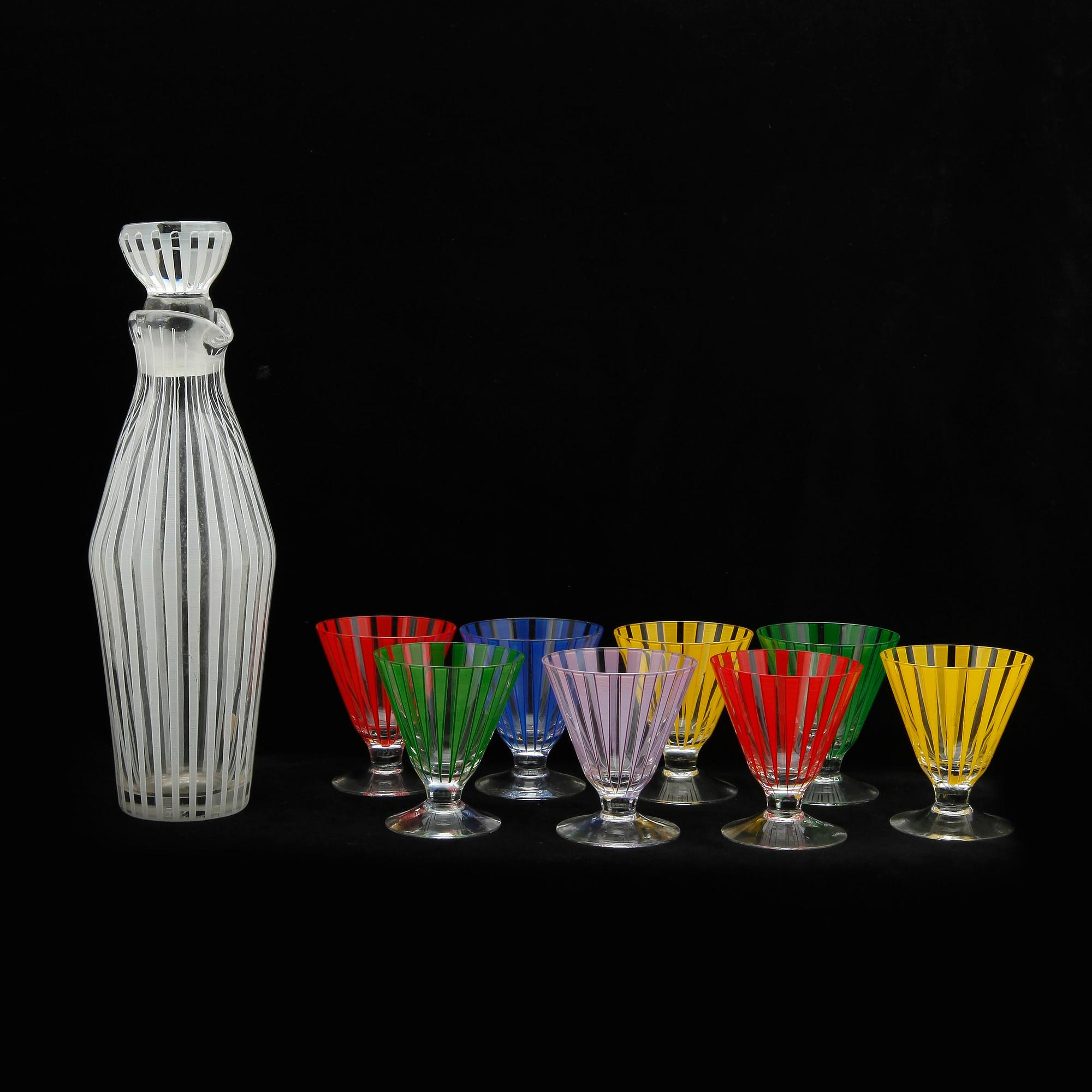 GLAS, 8 st samt KARAFF, "Strikt", Bengt Orup, Johansfors, 1950-tal.