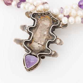 Eileen Coyne, necklace, silver with cultured pearls and amethysts.