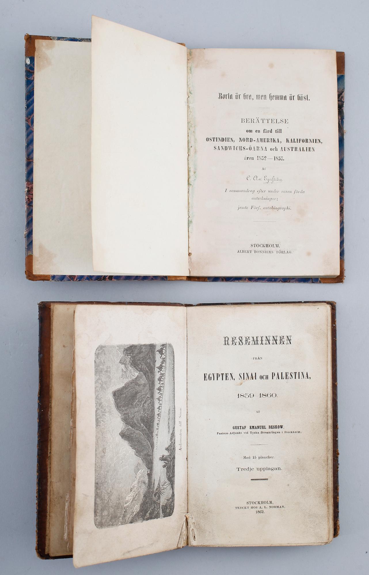 BÖCKER: Carl Axel Egerström, Berättelse om en Färd till Ostindien....., åren 1852-1857 samt Reseminnen, GE Beskow, 1862.