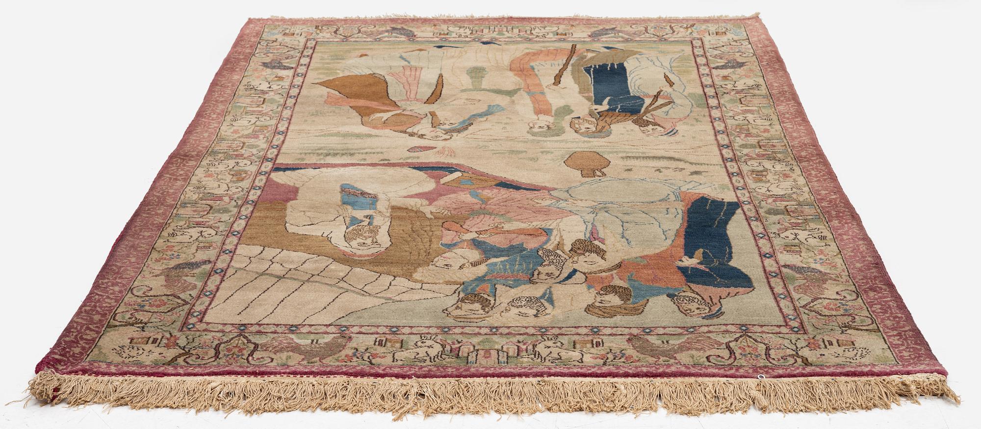 A semi-antique pictoral Kashan carpet, Central Persia, c. 214 x 130 cm.