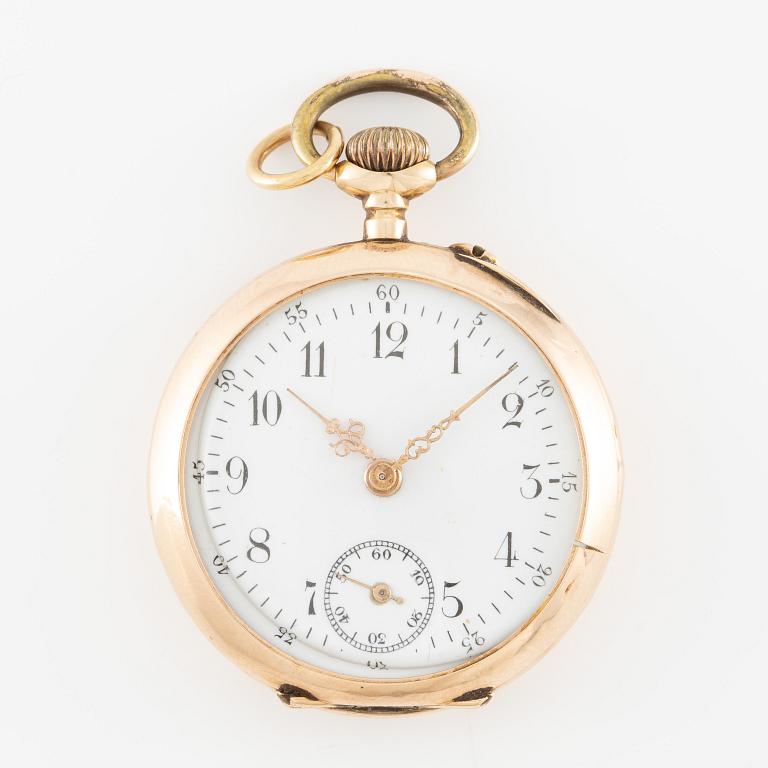 Pocket watch, 14K gold with chain, 32 mm.
