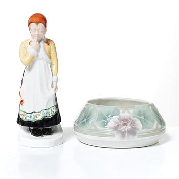 Hilma Persson-Hjelm, "Jössehärad", figurin samt skål, porslin, Rörstrand, jugend, 1900-talets början.