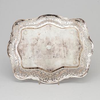 a silver tray from the middle of the 20th century, unidentified makers marks.