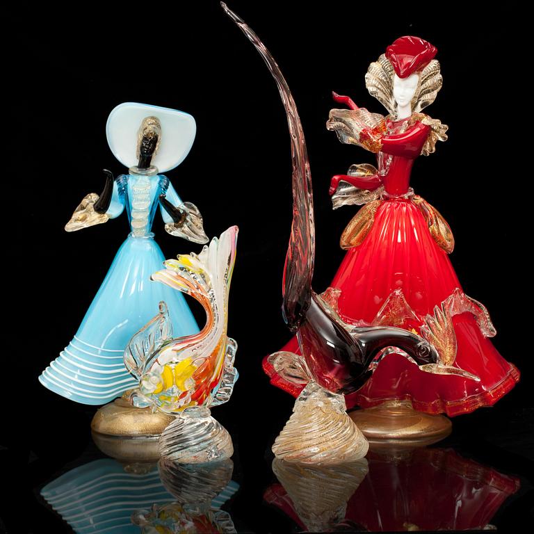 FIGURINER, 4 st, glas, Venini, Murano, Italien 1900-tal.