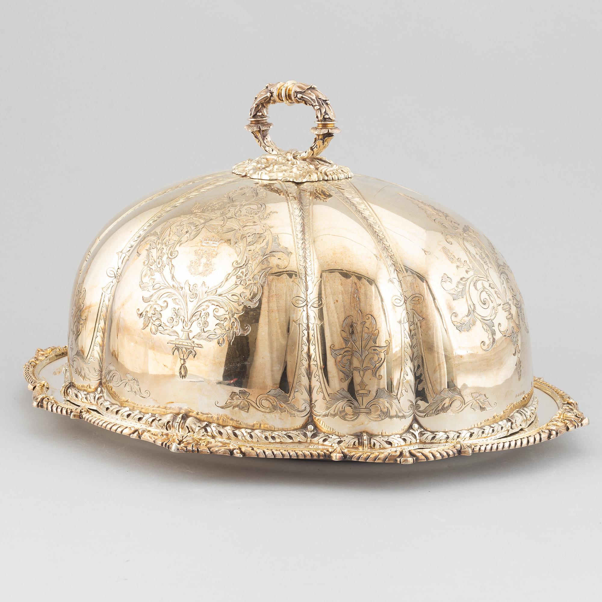 A silver plated cover by Martin, Hall & Co, Sheffield, and dish.