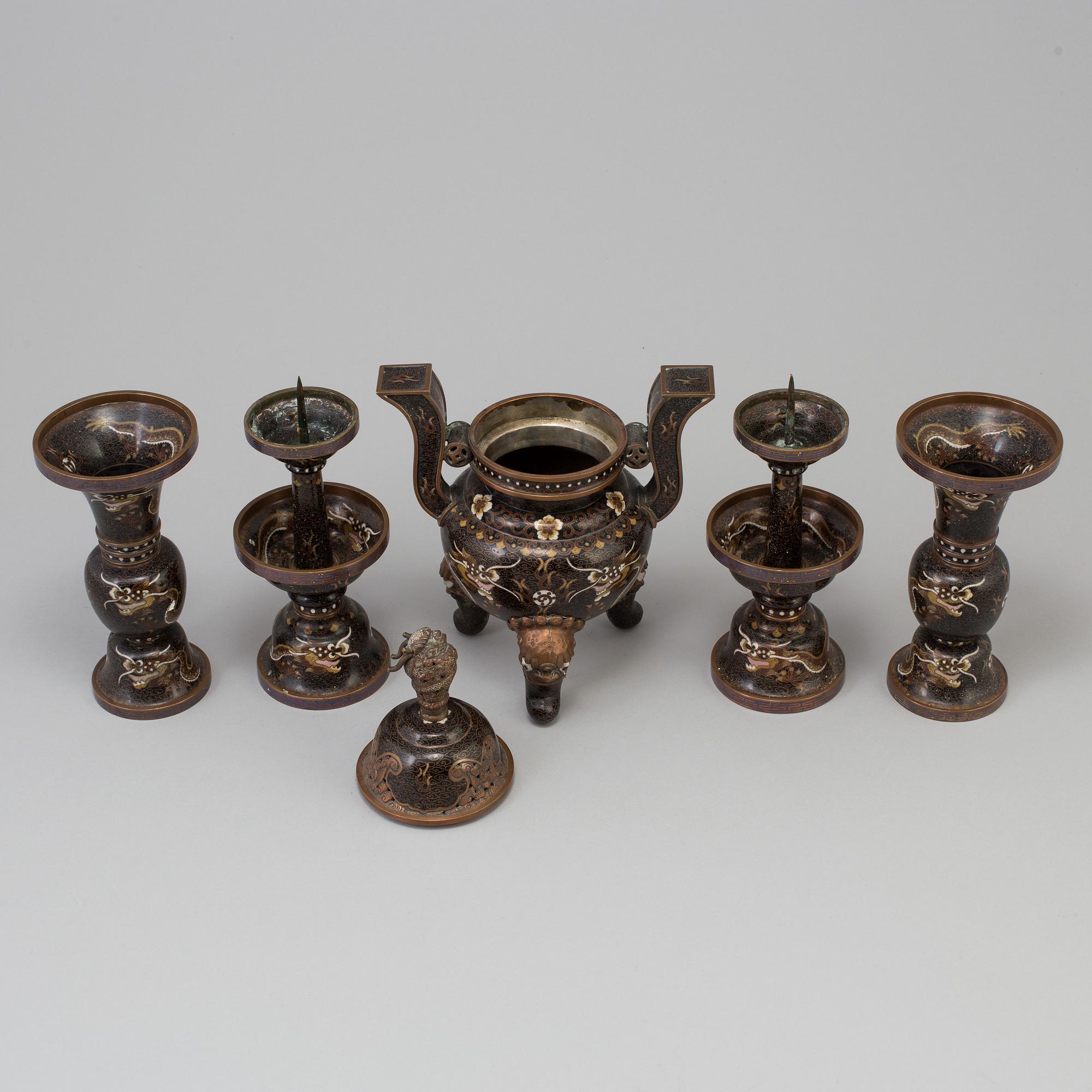 A set of five chinese altar garnitures, cloisonné, 20th century.
