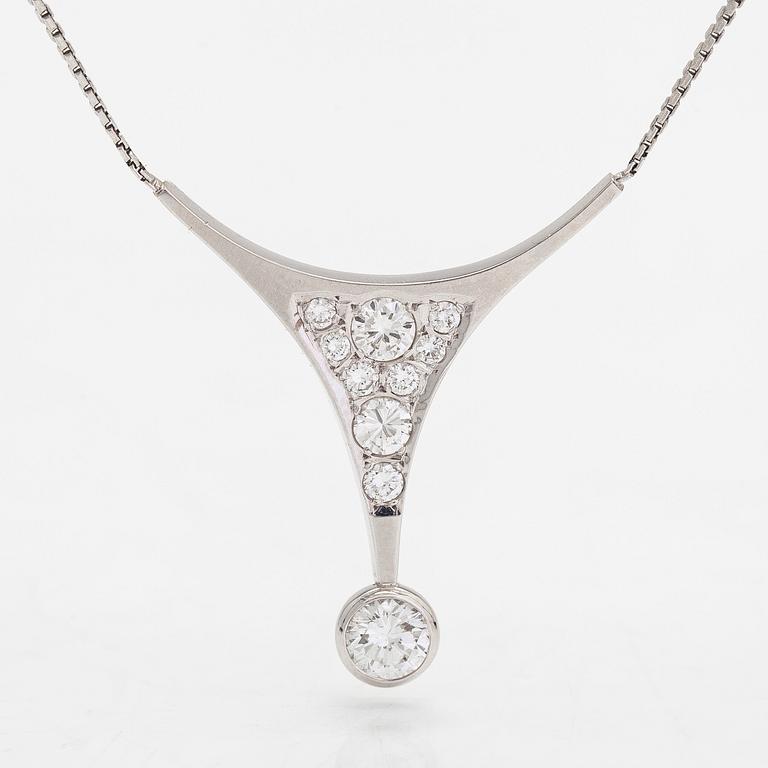 Kaulakoru, 14K valkokultaa, briljanttihiottuja timantteja yht. noin 1.37 ct. Suomalaiset tuontileimat 1988.