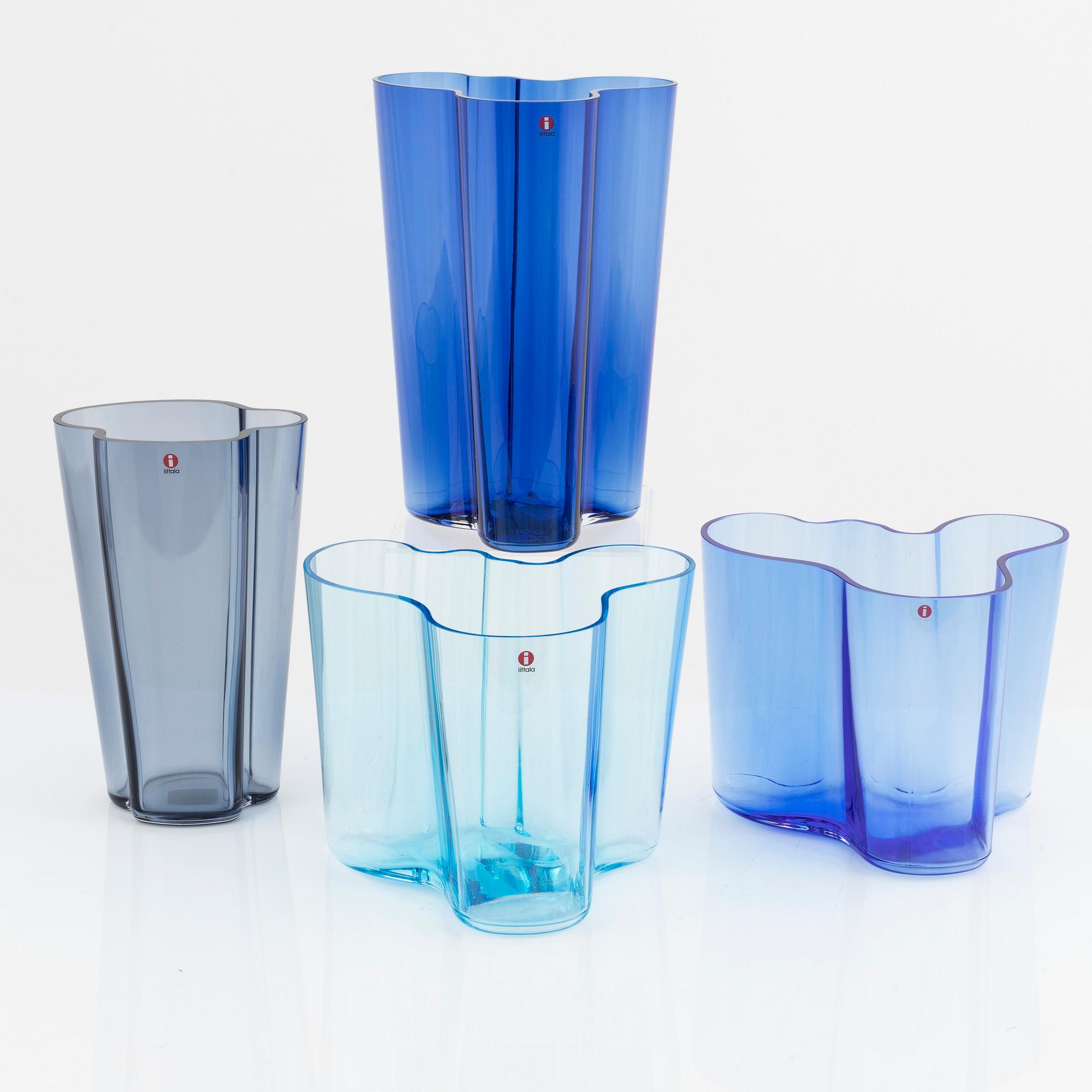 Alvar Aalto, four glass vases, Iittala, Finland.