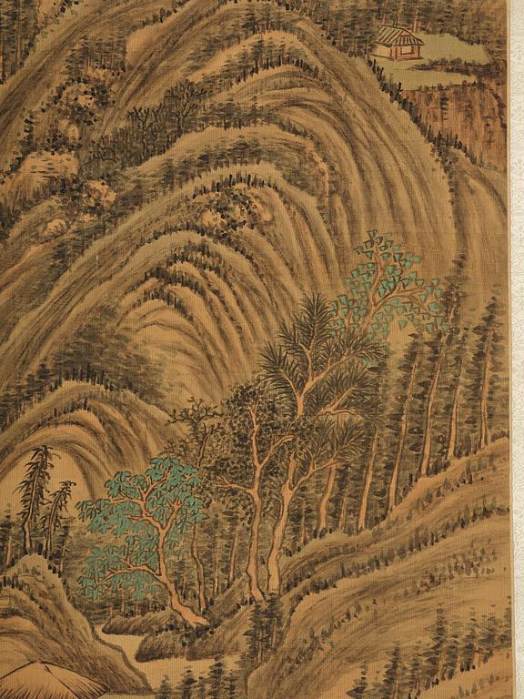 Qian Weicheng, (China 1720-1772), ink and colour on silk. 'Mountainious landscape'.