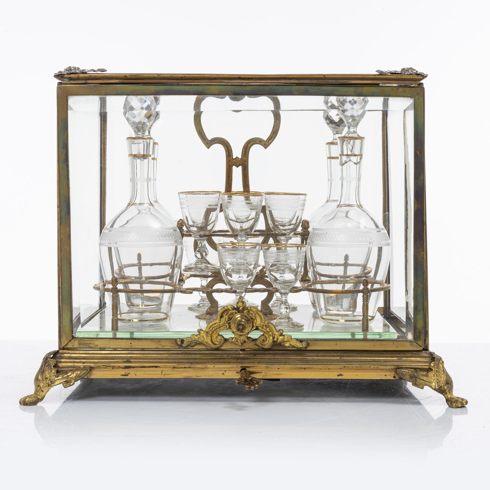 Liqueur set, glass and brass, first half of the 20th century.