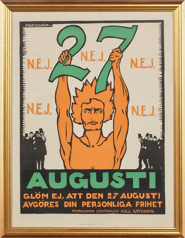 FÖRBUDSAFFISCH, Alfred Proessdorf, utgiven av Propagandacentralen N.E.J, Göteborg, tryckta hos A. Lindgren & Söner, 1922.