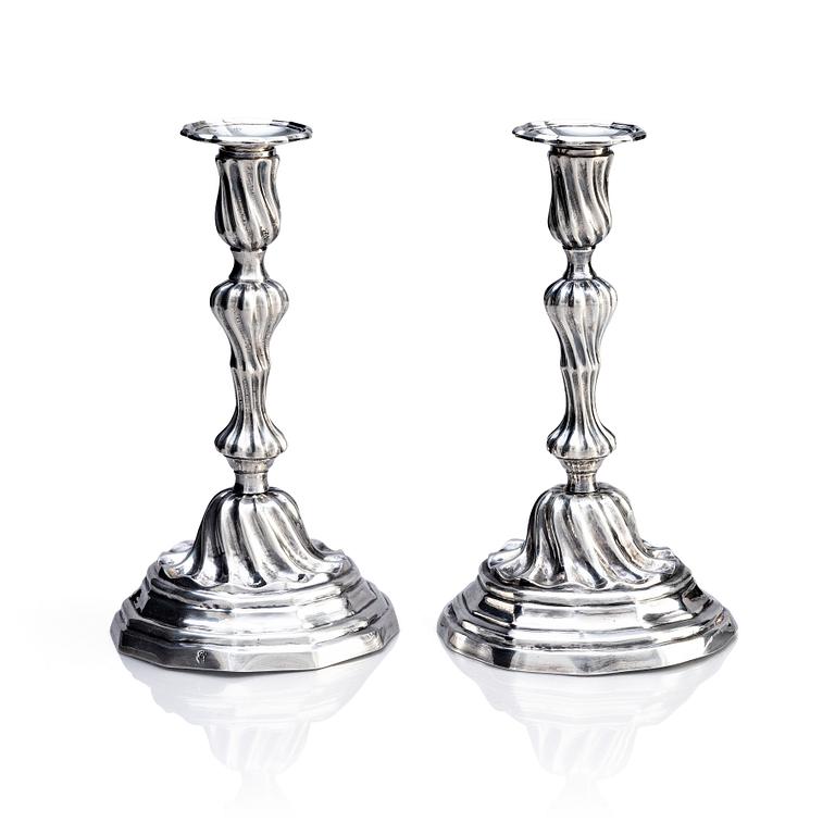 A pair of Italian 18th century silver candlesticks, mark of Giovanni Battista Carron (active 1753-1778), Turin.