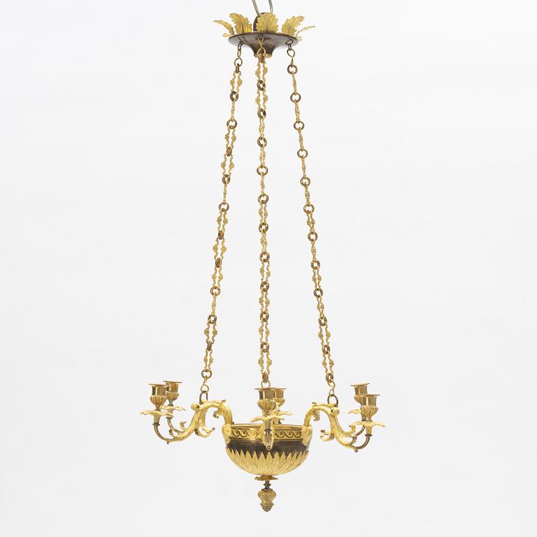 An Empire ormolu six-light hanging chandelier, first part of the 19th Century.