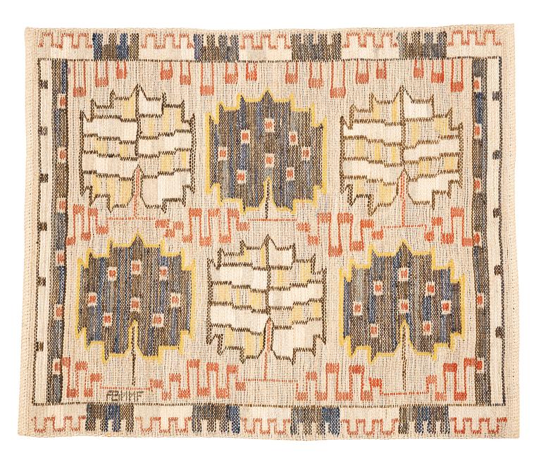 Märta Måås-Fjetterström, a textile, "Grodblad blå", flat weave, ca 62 x 76 cm, signed AB MMF.