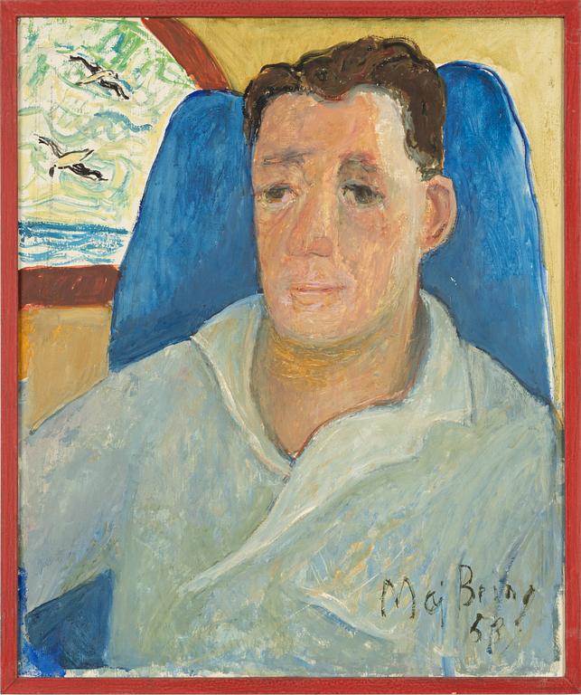 Maj Bring, Seated man in blue armchair.