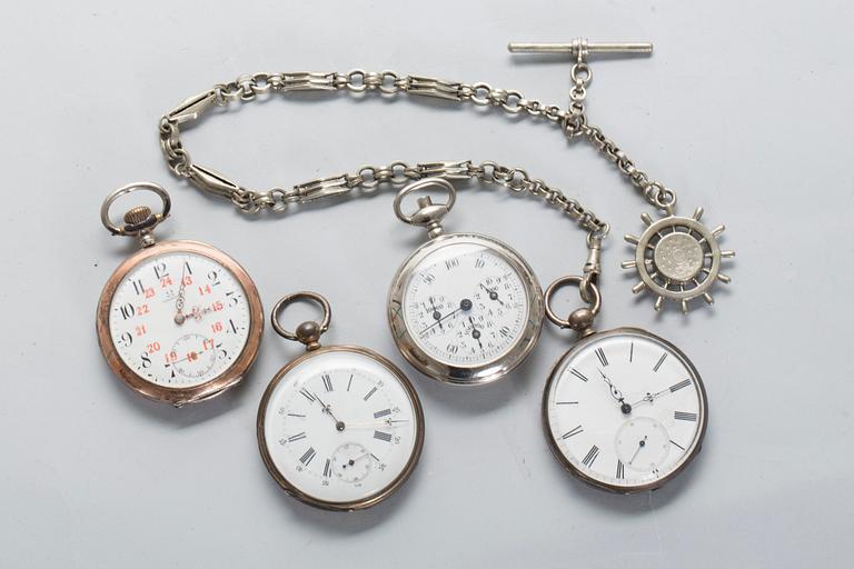 HERRFICKUR, 3 stycken samt TIDTAGARUR, bl.a. silver och Omega, sent 1800-tal till 1900-talets första hälft.