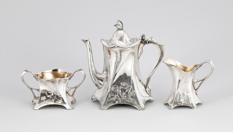 KAFFESERVIS, 3 delar, nysilver, jugend. WMF, tidigt 1900-tal.