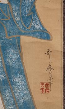 A Hanging Scroll, ink and color on paper. A beuty in blue, follower of Kitagawa Utamaro.