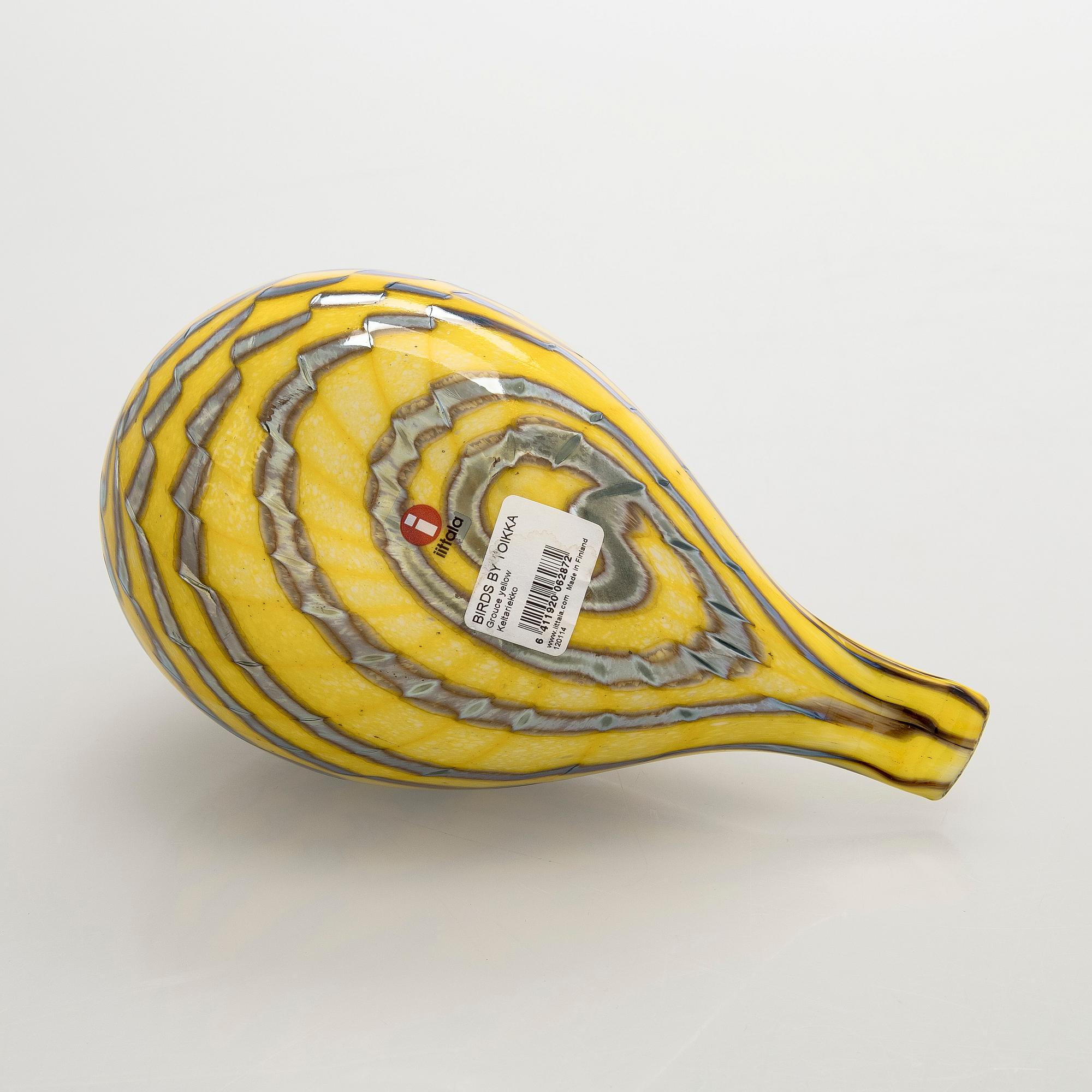 Oiva Toikka, glasfågel, "Grouce Yellow", signerad O. Toikka Nuutajärvi.