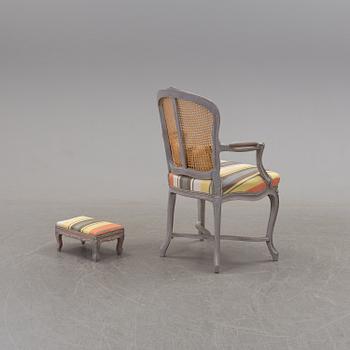 A later part of the 19th century rococo style armchair and second half of the 20th century stool.