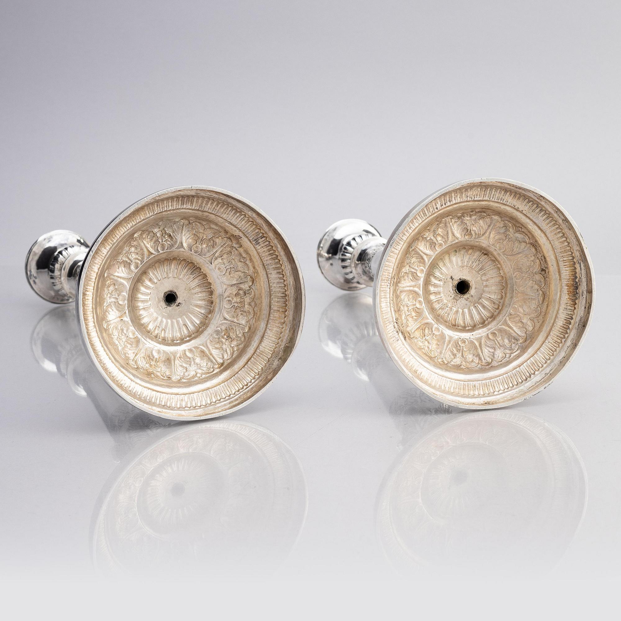 A pair of Danish 19th century silver candelabras, marks of Caspar Julius Wrom, Copenhagen 1834.