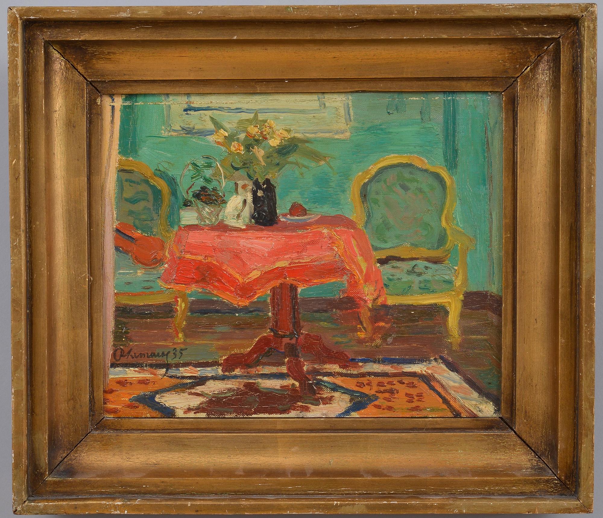 Roger Marcel Limouse, INTERIOR WITH A RED TABLE CLOTH.