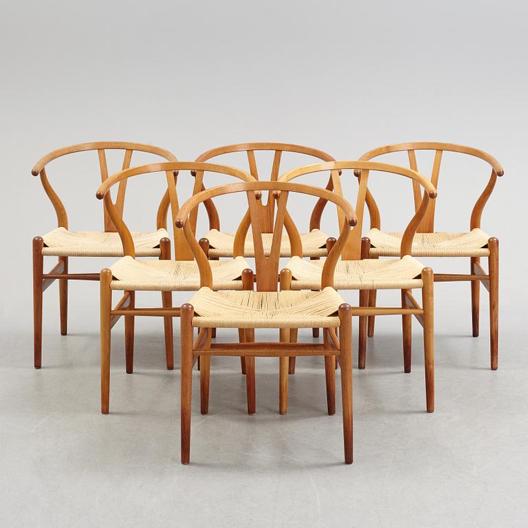A set of four + two armchairs 'Y-chair' by Hans J Wegner, Carl Hansen & Son, Denmark.
