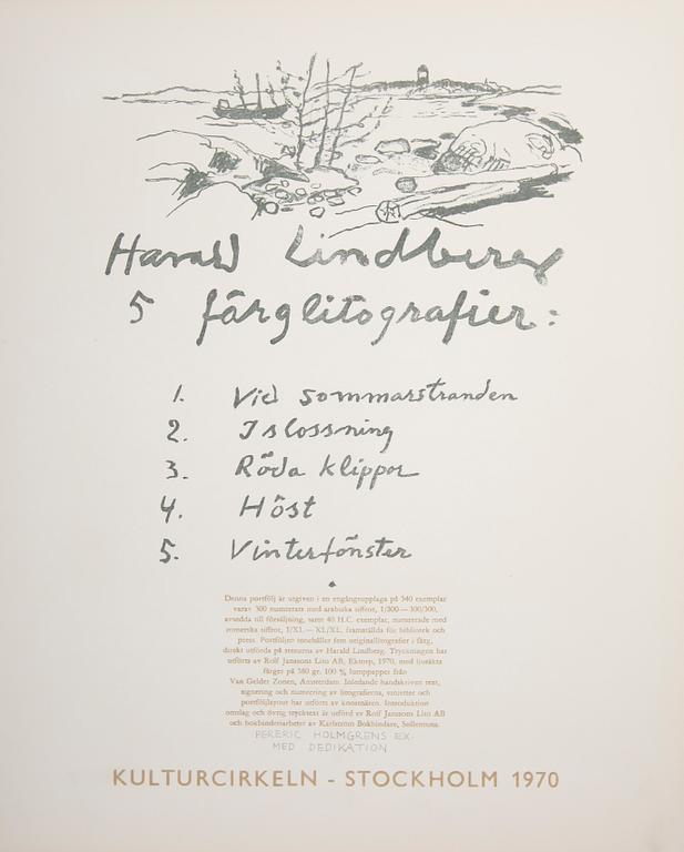 HARALD LINDBERG, mapp, 5 färglitografier, Kulturcirkeln, Stockholm 1970, signerade. Provtryck.