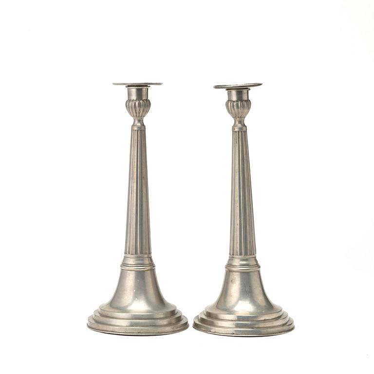 A pair of pewter candlesticks by Carl Bröske, Stockholm 1828.