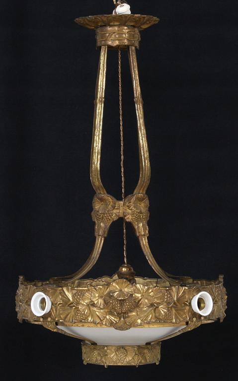 TAKLAMPA, patinerad gulmetall, jugend, omkring sekelskiftet 1800/1900, h 80.