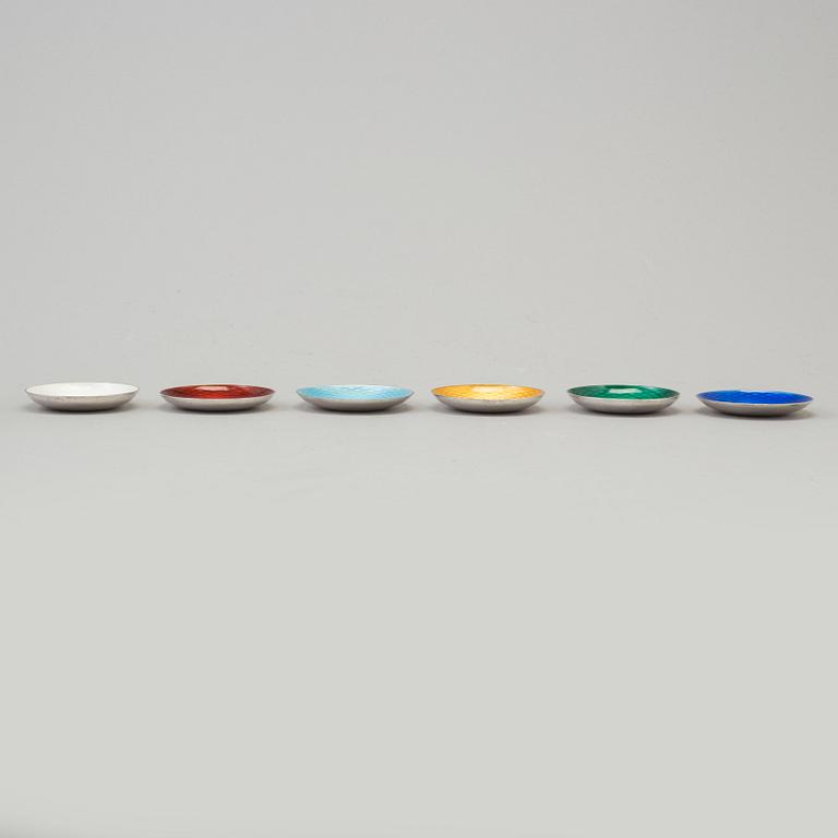 EGON LAURIDSEN, six sterling silver and enamel dishes, Denmark.