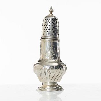 An English Rococo silver caster, mark of Samuel Smith III, London 1754.