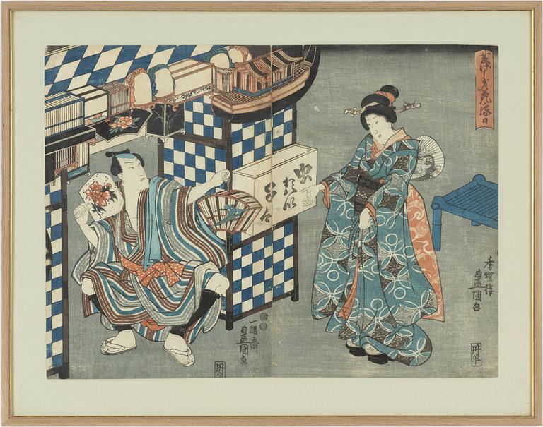 Utagawa Kunisada, diptych, Summer Scene of a Floral Holiday (Natsu keshiki hana no monbi).