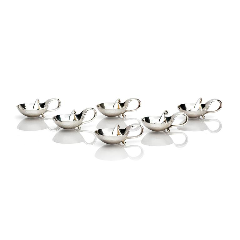 Georg Jensen, salt cellars with spoons, silver, 6 pcs, design no. 110, Copenhagen.