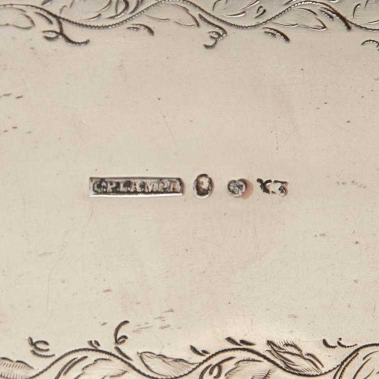 Toilet set, 4 pieces, silver, including one by Carl Petter Lampa, Stockholm 1828. The others mid-20th century.