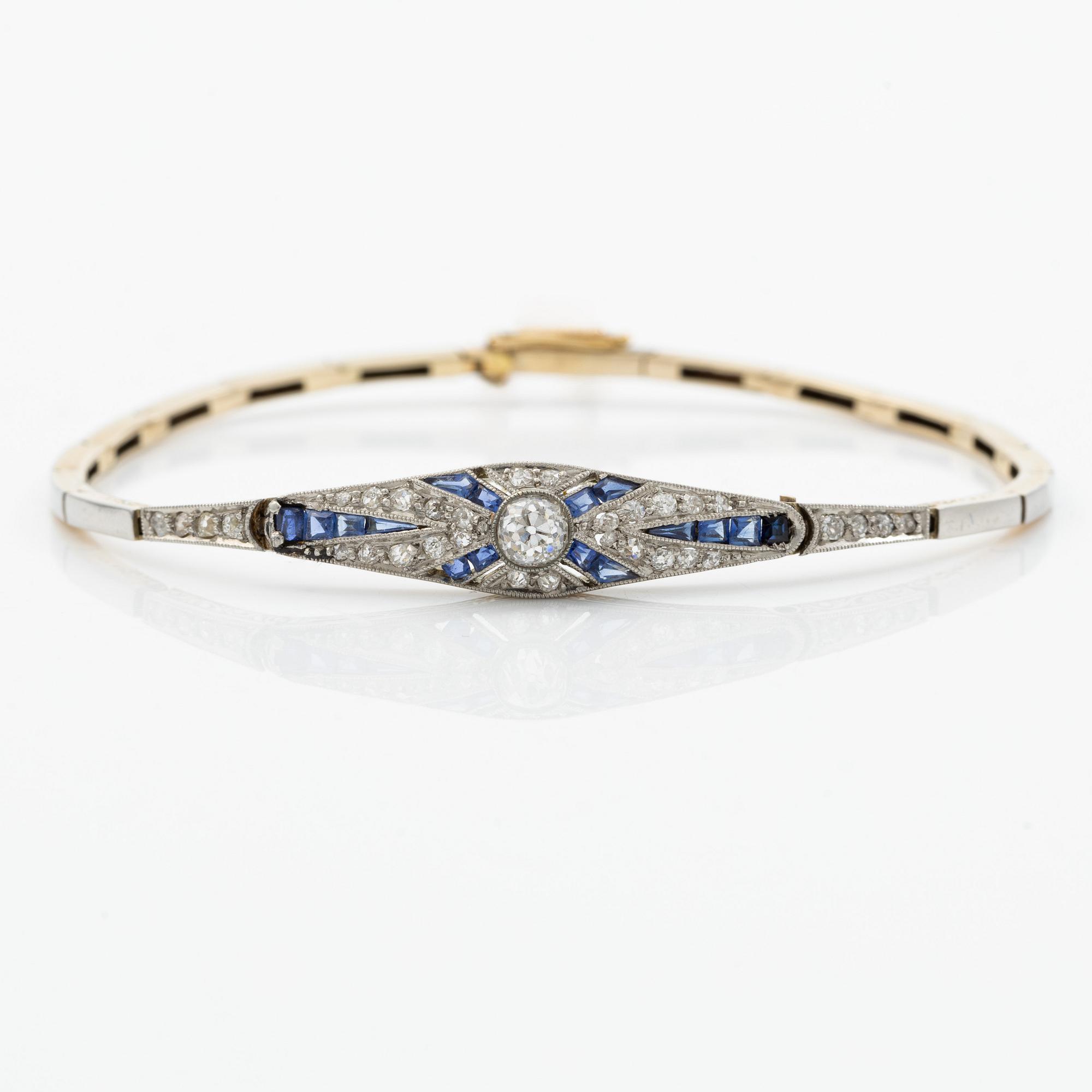 Armband 14K guld och platina med gammalslipade diamanter och safirer, art déco.
