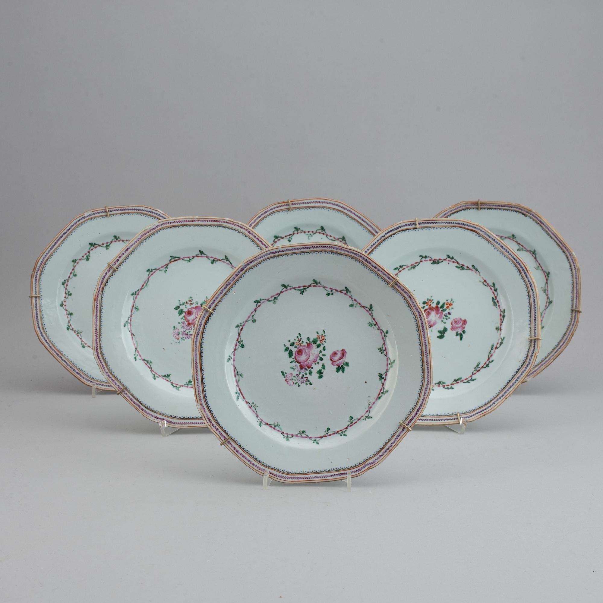 A set of 12 famille rose plates (6+6), Qing dynasty, Qianlong (1736-95).