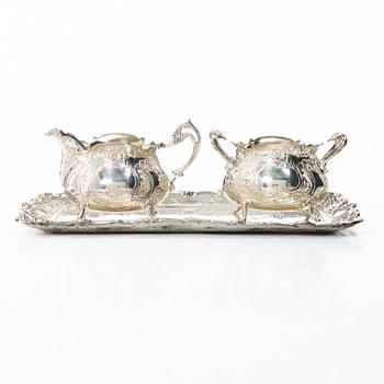 Tray, cream jug and sugar bowl, silver, GEWE, Malmö, 1959–68.