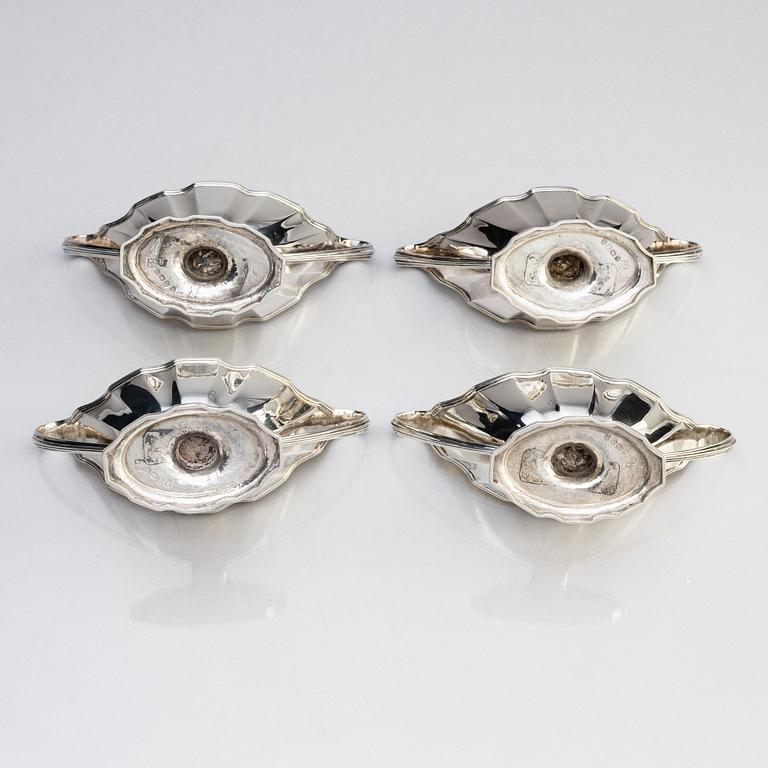 Four English 18th century silver salt-cellars, mark of William Fountain & Daniel Pontifax, London 1791, and spoons.