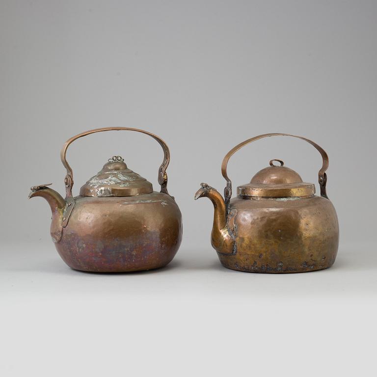 TWO COPPER COFFEE POTS, 18th-/19th century.