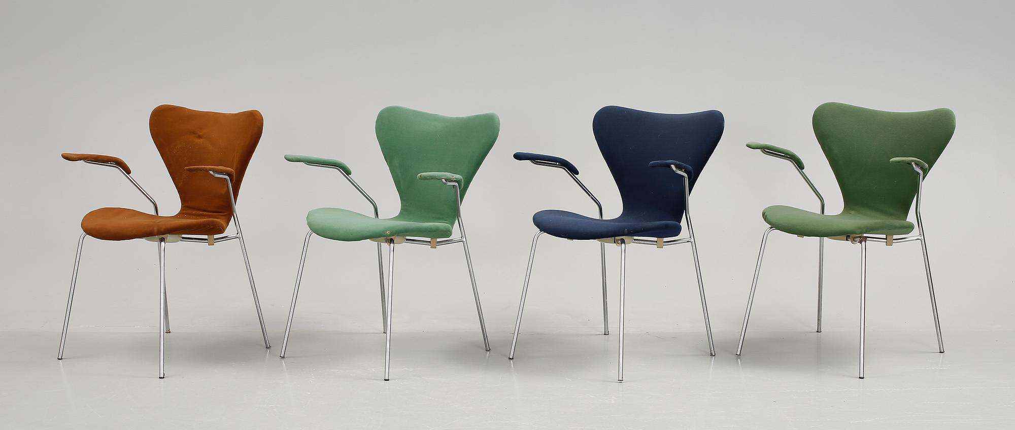 KARMSTOLAR, 4 st, "Sjuan", Arne Jacobsen, Fritz Hansen, 1900-talets andra hälft.
