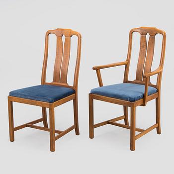 Carl Malmsten, 2 karmituolia sekä 6 tuolia, "Amabssadör", Åfors Möbelfabrik, 1900-luvun loppu.