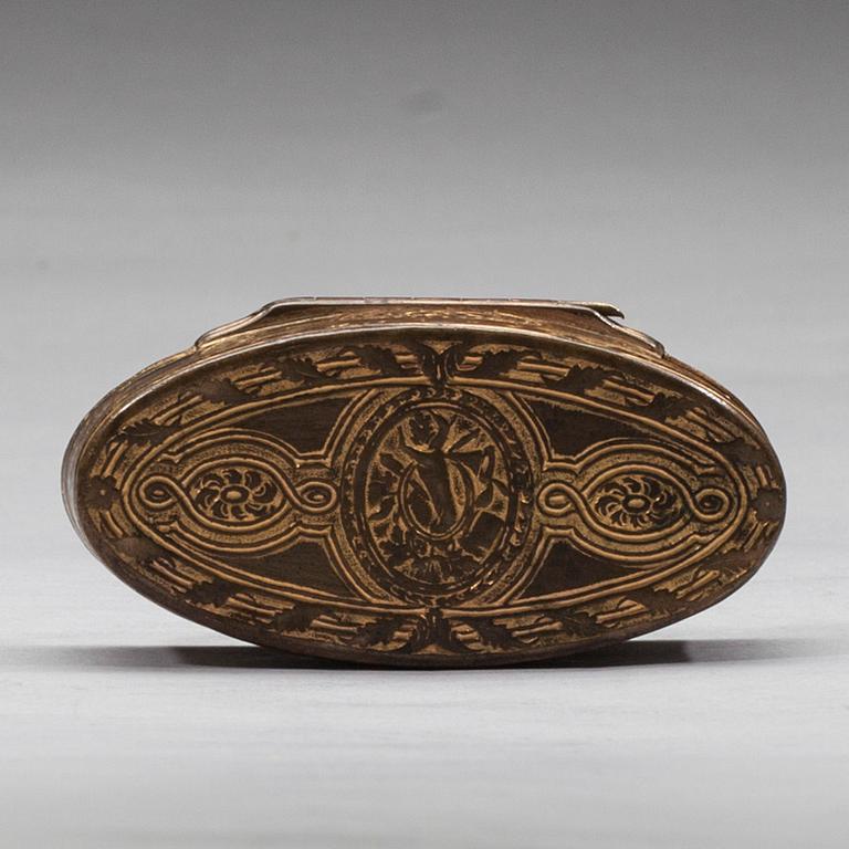 SNUSDOSA, gustaviansk, förgylld koppar, 1700-tal.
