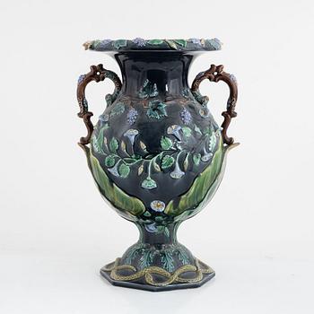 A majolica urn, Rörstrand, Sweden, late 19th century.