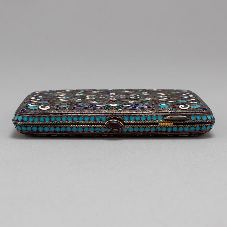 A Russian 20th century silver and cloisonne enamel cigarette case, mark of Mikhail Zoirn, Moscow 1908-1917.