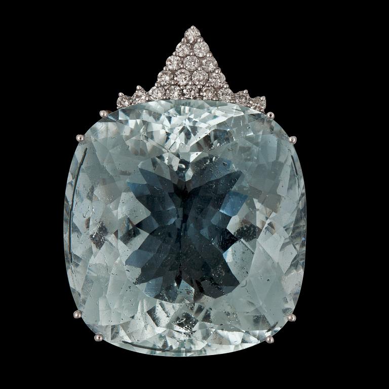 A 82.96 cts aquamarine and diamond pendant. Total carat weight of diamonds circa 0.70 ct.
